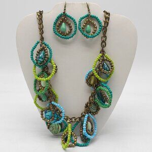 Boho Beaded Teardrop Necklace Earrings Set Multicolor Green Turquoise